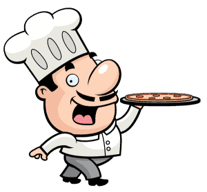 a cartoon chef holding a pizza 