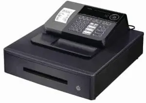 a black machine with a white label 