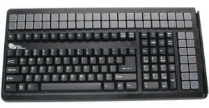 a black keyboard with white buttons 