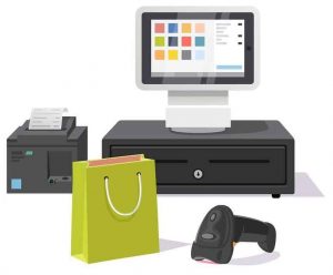a computer and a bag next to a cash register 
