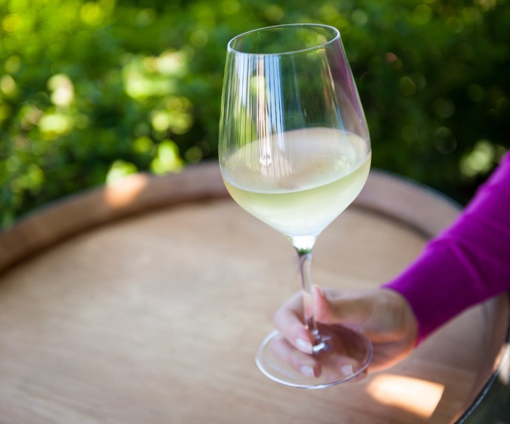 a photo of a womans hand holding a glass of white wine over a wine barrel