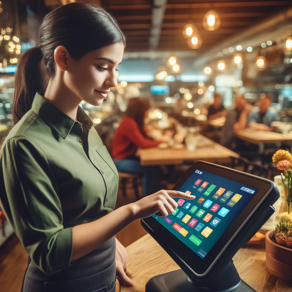 An employee using a POS system in a modern restaurant setting. 