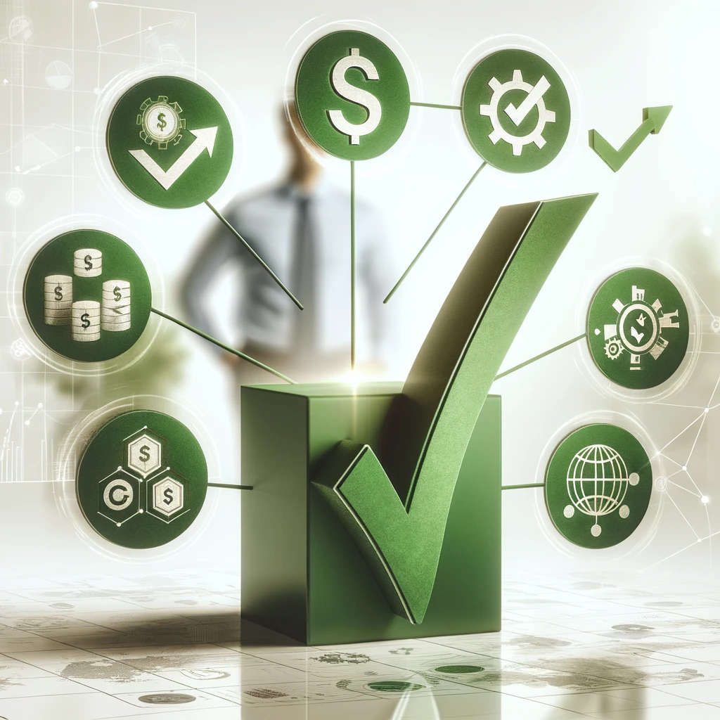 A stock image focused on financial and business benefits, represented by green check marks, each paired with an icon symbolizing different financial aspects.