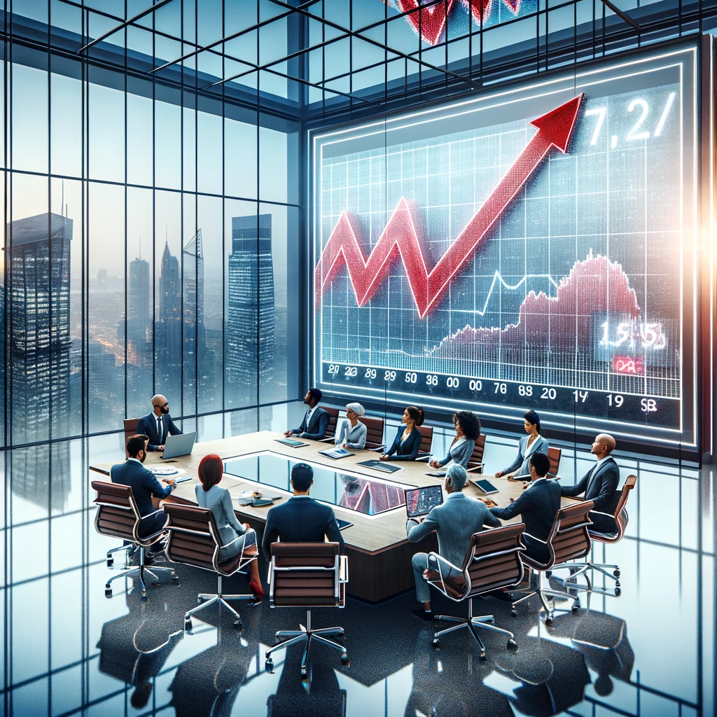 An image depicting rising interest rates in an office setting with business people discussing the implications around a boardroom table. The modern office has glass walls and a cityscape view outside.