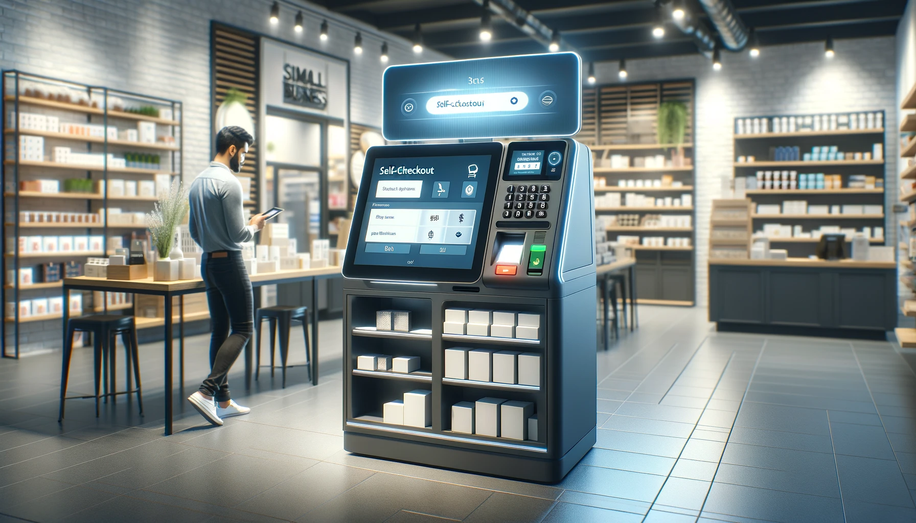 A realistic image of a small business environment with a self checkout kiosk. The background features a modern retail store with a sleek design. 
