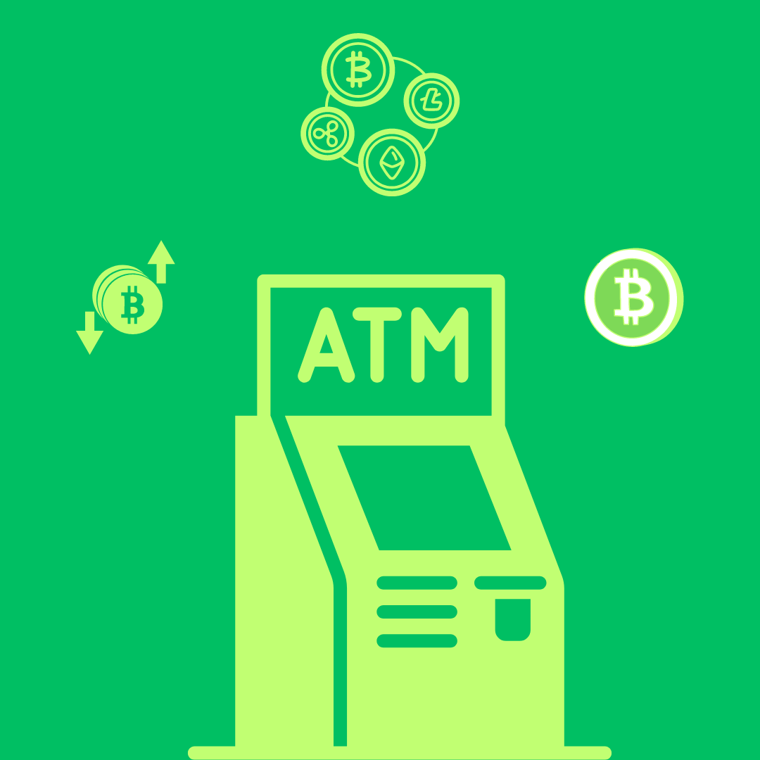 A clipart style image representing an ATM machine that processes crypto payments.